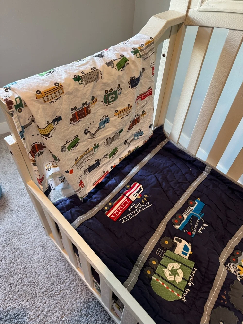 Pottery Barn Navy Kids' Truck Quilt with Multicolor Embroidery